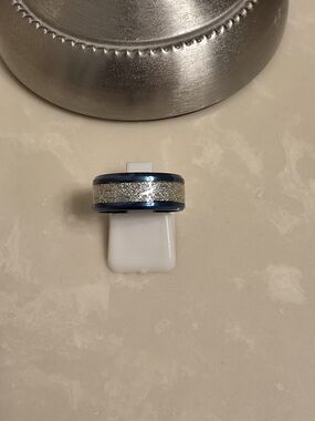 Men's Blue and Brushed Silver Ring Band - Size 7
